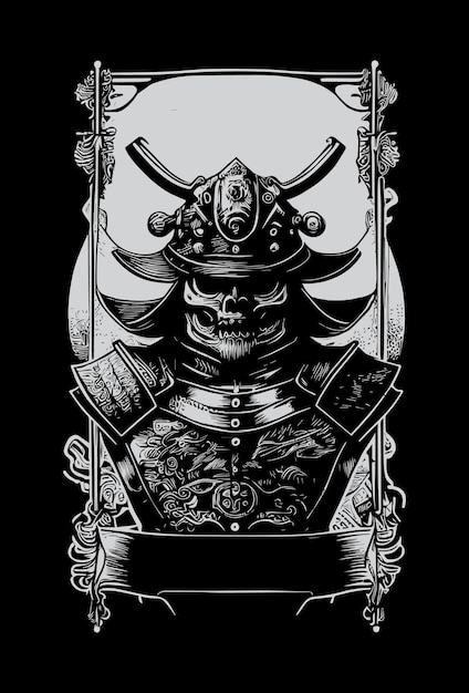 Bandeira heráldica do samurai japonês ilustração desenhada à mão em preto e branco