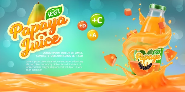 Vetor bandeira horizontal com publicidade realista 3d de suco de papaia uma garrafa com suco de papaias