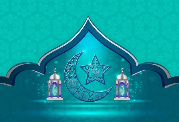Bandeira islâmica da celebração do feriado projetada com lua crescente e ilustração da mesquita