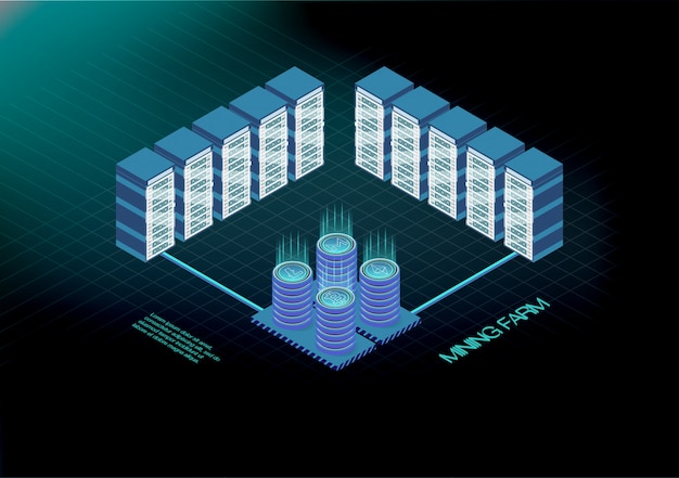 Bandeira isométrica com exploração agrícola de mineração de bitcoin, conceito de mineração de criptomoeda, 3d isométrico financeiro. ethereum blockchain isométrico, rack da sala do servidor. servidor de farm de mineração de moeda criptográfica.