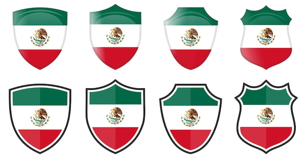 Bandeira mexicana vertical em forma de escudo, quatro versões 3d e simples. ícone/sinal do México