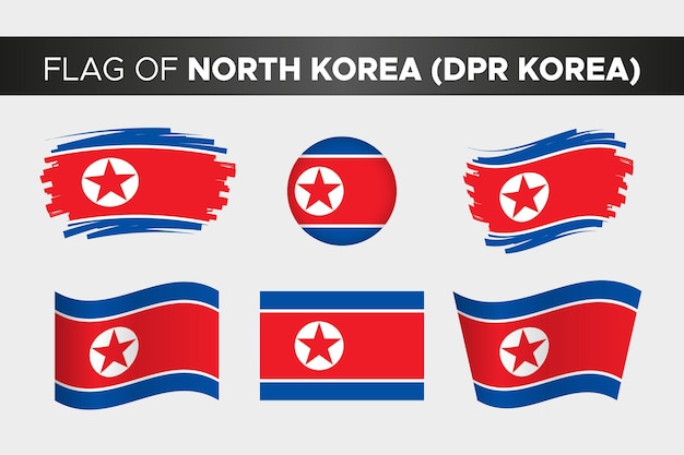 Bandeira nacional da coreia do norte ou coreia do norte em estilo de botão circular ondulado em pincelada e design plano