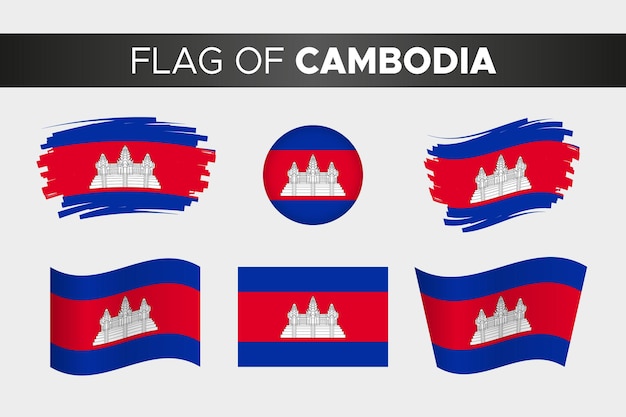 Bandeira nacional do camboja em estilo de botão circular ondulado em pincelada e design plano
