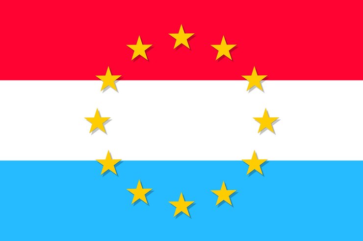Vetor bandeira nacional do luxemburgo com um círculo de doze estrelas douradas da união europeia união política e econômica membro da ue desde 1 de janeiro de 1958 ilustração de estilo plano vetorial