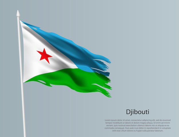 Bandeira nacional rasgada de Djibouti Tecido ondulado rasgado em fundo azul Ilustração vetorial realista