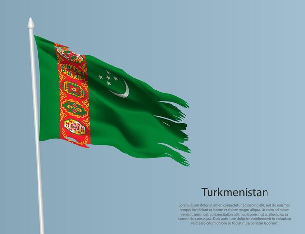 Bandeira nacional rasgada do Turcomenistão Tecido ondulado rasgado em fundo azul Ilustração vetorial realista