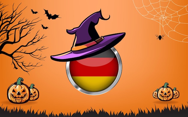 bandeira redonda da alemanha com banner de feliz dia das bruxas ou fundo de convite para festa morcegos aranhas e abóboras fundo laranja