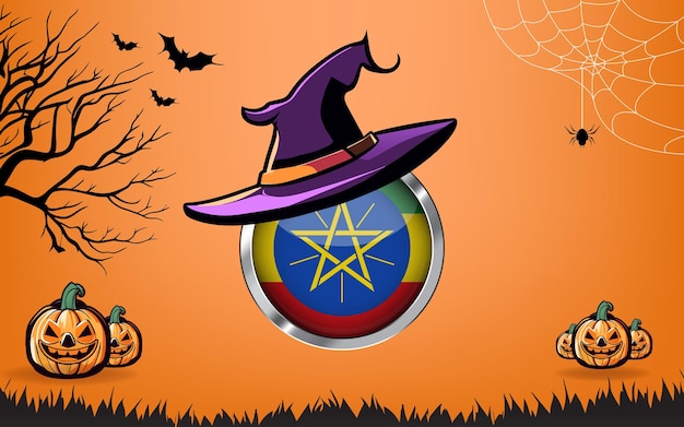 bandeira redonda da etiópia com banner feliz Halloween ou fundo de convite para festa morcegos aranhas e abóboras fundo laranja