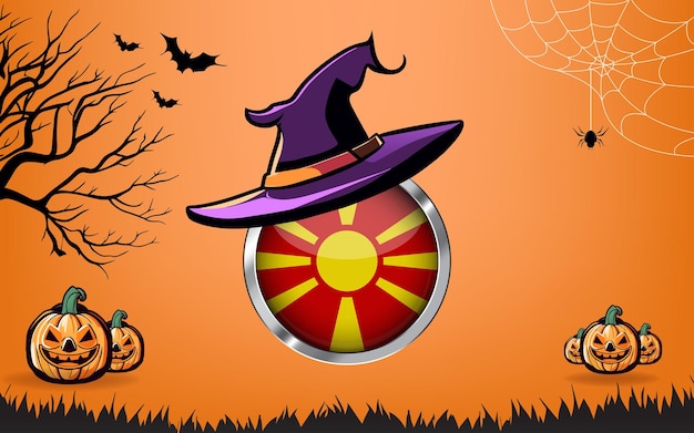 Bandeira redonda da Macedônia com banner de feliz Halloween ou fundo de convite para festa morcegos aranhas e abóboras fundo laranja