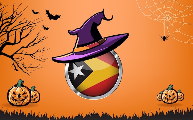 bandeira redonda de timor leste com banner feliz Halloween ou fundo de convite de festa morcegos aranhas e abóboras fundo laranja