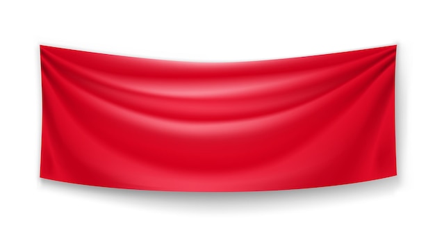 Bandeira vermelha realista para publicidade ou anúncio Modelo de bandeira flutuante em branco isolado em fundo branco Modelo de tecido ondulado com espaço de cópia Ilustração vetorial de objeto de marca horizontal