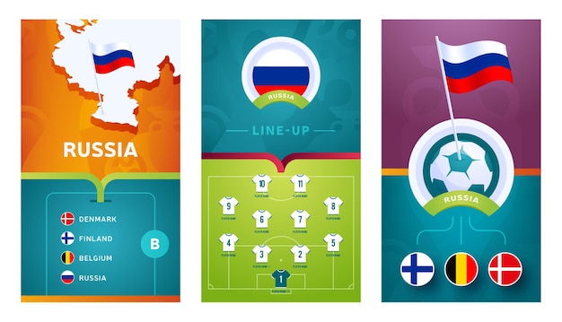 Bandeira vertical de futebol europeu da equipe da rússia definida para mídias sociais. banner do grupo b da rússia com mapa isométrico, bandeira, cronograma de jogos e escalação no campo de futebol