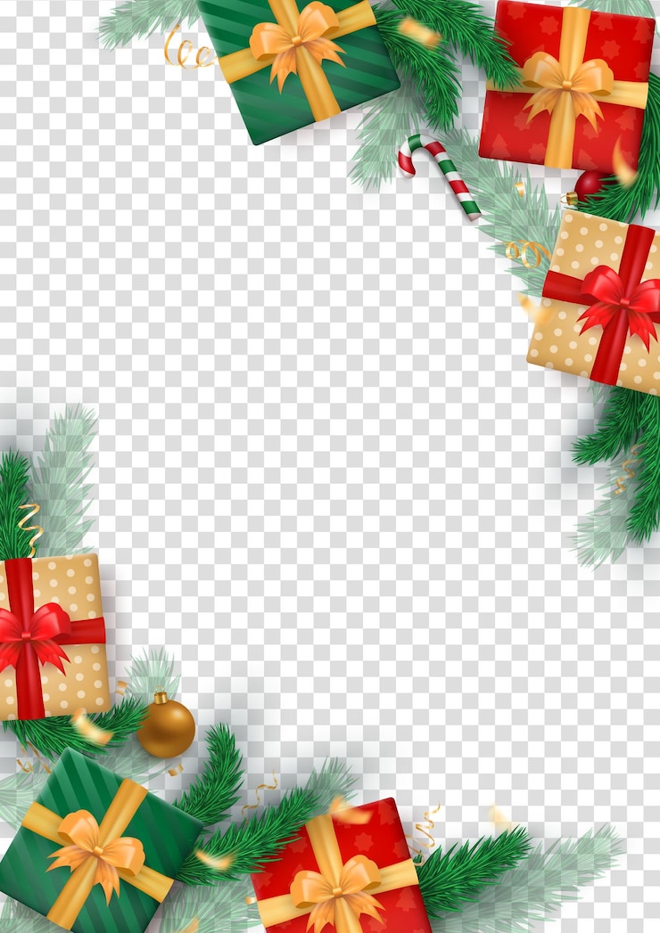 Vetor bandeira vertical de natal com presentes bolas de cana-de-açúcar confeti galhos de pinheiro pano de fundo transparente