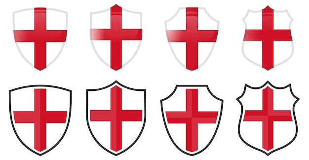 Bandeira vertical inglesa de São Jorge em forma de escudo, quatro versões 3d e simples. ícone/sinal da Inglaterra