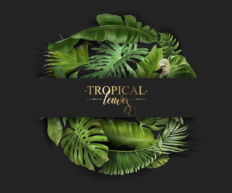 Vetor bandeira vetorial com folhas tropicais verdes em fundo preto