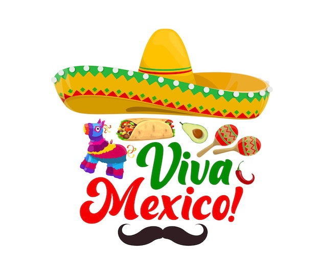 Vetor bandeira viva méxico com sombrero mexicano pinata comida e bigodes vetor de desenho animado símbolos latinos tradicionais burrito abacate pimenta jalapeno vermelha maracas para férias festa festa celebração