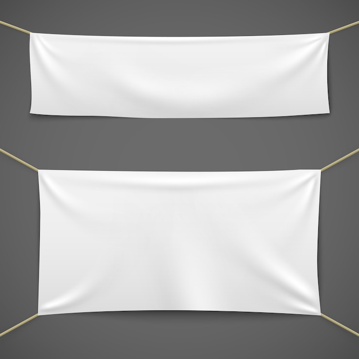 Vetor bandeiras brancas têxtil. bandeira de tecido em branco pendurado lona venda fita modelo horizontal publicidade pano banner conjunto