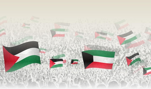 Bandeiras da palestina e do kuwait em uma multidão de pessoas aplaudindo