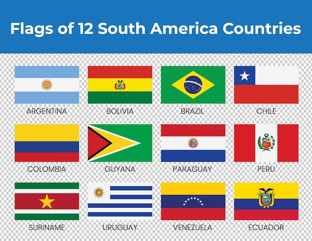 Bandeiras de 12 países da américa do sul