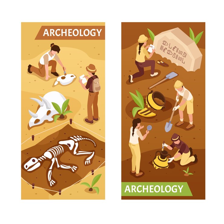 Vetor bandeiras de arqueologia em vista isométrica