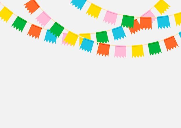 Vetor bandeiras de guirlandas de festa coloridas penduradas em fundo branco com ilustração de modelo de elemento vetorial de espaço de cópia para cartaz de folheto web banner convite de pano de fundo