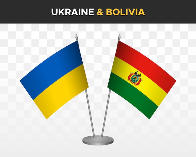 Bandeiras de mesa da ucrânia e da bolívia isoladas em bandeiras de mesa de ilustração vetorial 3d branca
