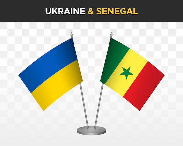 Bandeiras de mesa da ucrânia e do senegal isoladas em bandeiras de mesa de ilustração vetorial 3d branca