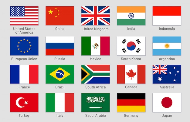 Bandeiras de países. principais estados de economias avançadas e emergentes do mundo, conjunto oficial de rótulos de bandeiras do grupo dos vinte