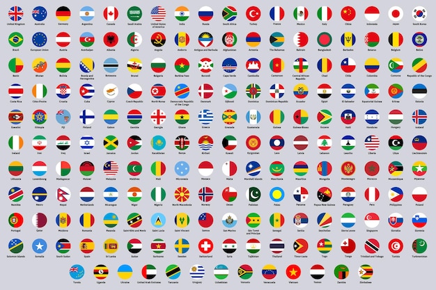 Bandeiras do mundo redondo nacional. Bandeiras de países da Europa, América e Ásia, conjunto de ilustração vetorial nacional arredondada. Emblemas de países do mundo. Emblema nacional do país, estado internacional da Ásia e da América