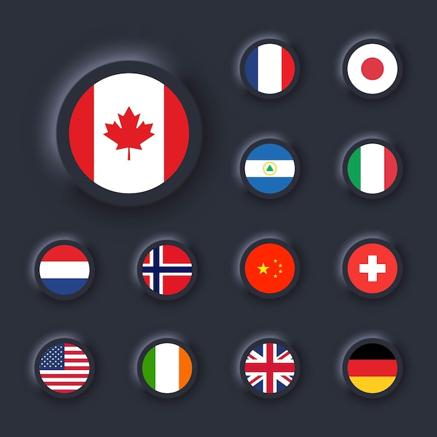 Bandeiras dos estados unidos, itália, china, frança, canadá, japão, irlanda, reino, nicarágua, noruega, suíça, holanda. ícone redondo com bandeira. interface de usuário escura ux neumorphic ui. neumorfismo