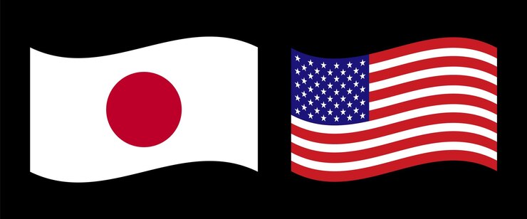Vetor bandeiras japonesas e americanas lado a lado representando relações internacionais