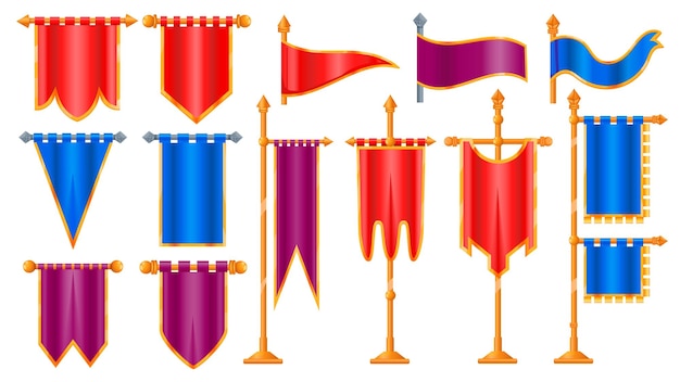 Vetor bandeiras medievais dos desenhos animados pano vitoriano antigo para ativos de design de jogos de interface do usuário mastro de bandeira clássico ícones de mastro de bandeira conceito de videogame conjunto isolado de vetor