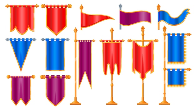Bandeiras medievais dos desenhos animados Pano vitoriano antigo para ativos de design de jogos de interface do usuário mastro de bandeira clássico ícones de mastro de bandeira conceito de videogame Conjunto isolado de vetor