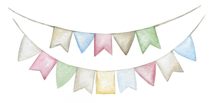Bandeiras multicoloridas guirlanda banner decorativo para colocar cartões postais de decoração de texto em clipart de aquarela estilo boho