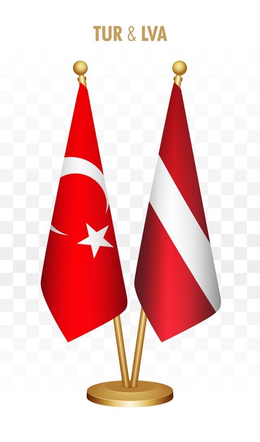 Vetor bandeiras permanentes da turquia e da letônia isoladas na bandeira branca da mesa turkiye