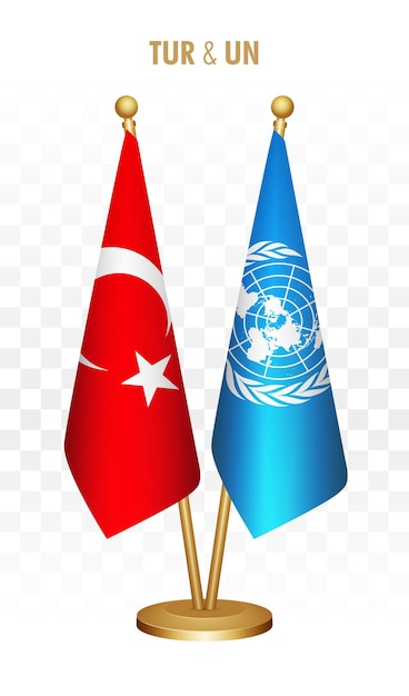 Vetor bandeiras permanentes da turquia e das nações unidas onu isoladas na bandeira branca da mesa turkiye