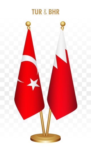 Vetor bandeiras permanentes da turquia e do bahrein isoladas na bandeira branca da mesa turkiye