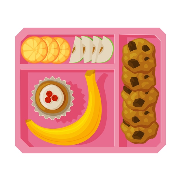 Bandeja de refeição cheia de banana cupcake maçã e fatias de laranja comida saudável para crianças e estudantes ver