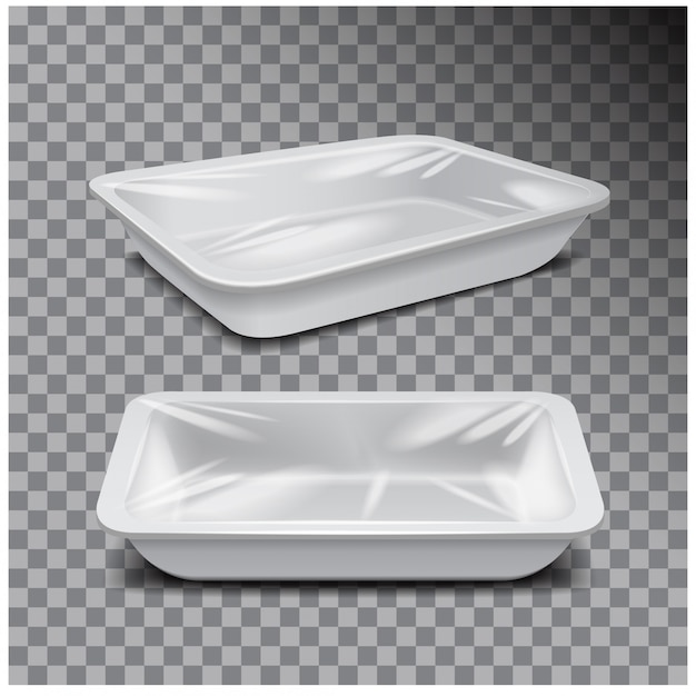 Bandeja plástica de comida branca, recipiente de refeição de espuma escura em transparente