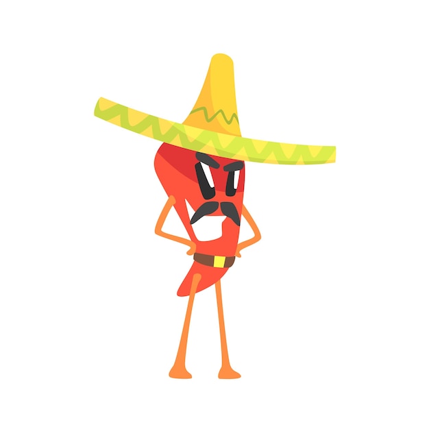 Bandido mexicano red hot chili pepper humanizado emocional plano personagem de desenho animado com bigode usando sombreiro e um cinto