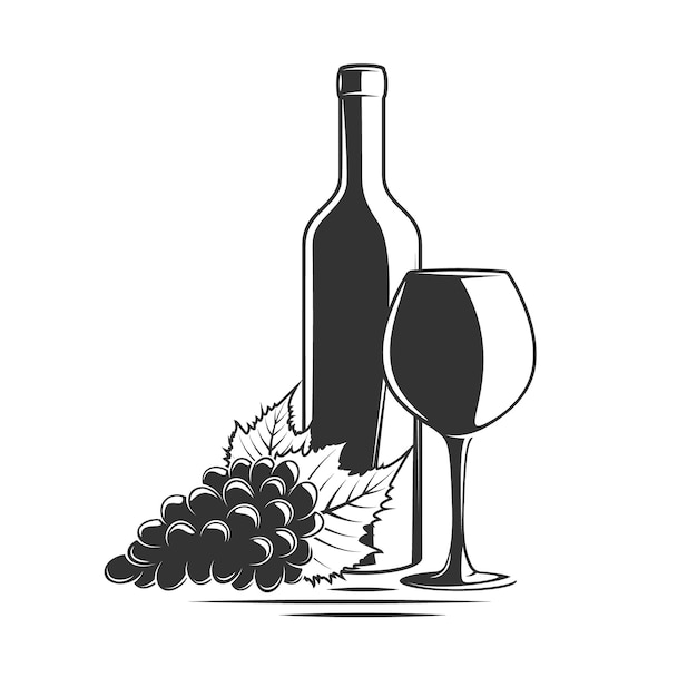 Bando de garrafa de uvas e copo de vinho isolado no fundo branco