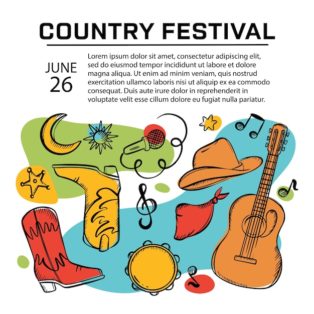 Vetor baner do festival de música country um cartaz colorido de convite para um concerto