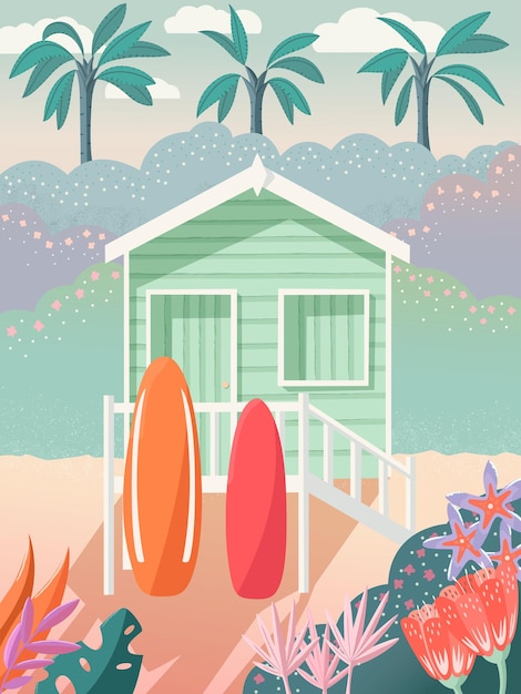 Bangalô na praia com pranchas de surf no deck. palmeiras ao fundo e decoração floral. casa de verão na areia, cena tropical exótica. ilustração do vetor de colofrul.