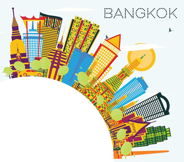 Vetor bangkok tailândia skyline com marcos de cor, céu azul e espaço de cópia. ilustração vetorial. viagem de negócios e conceito de turismo. paisagem urbana de bangkok com pontos turísticos.