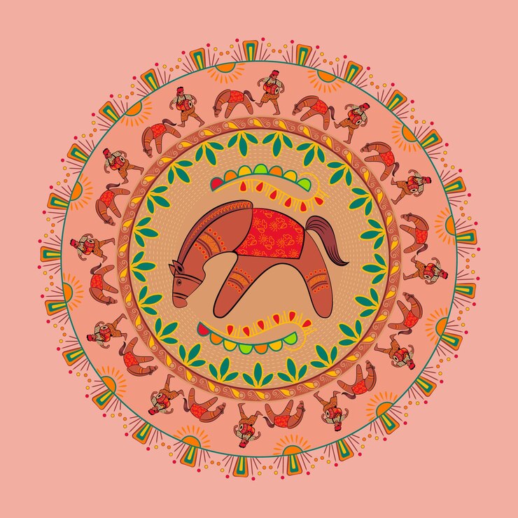 Bangla Noboborsho Boishakhi Mandala vetor Ilustração Cavalo Aves Tigre Peixe Elefante