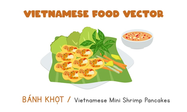 Banh khot vietnamita - mini panquecas de camarão desenho animado vetorial plano. comida asiática. culinária vietnamita