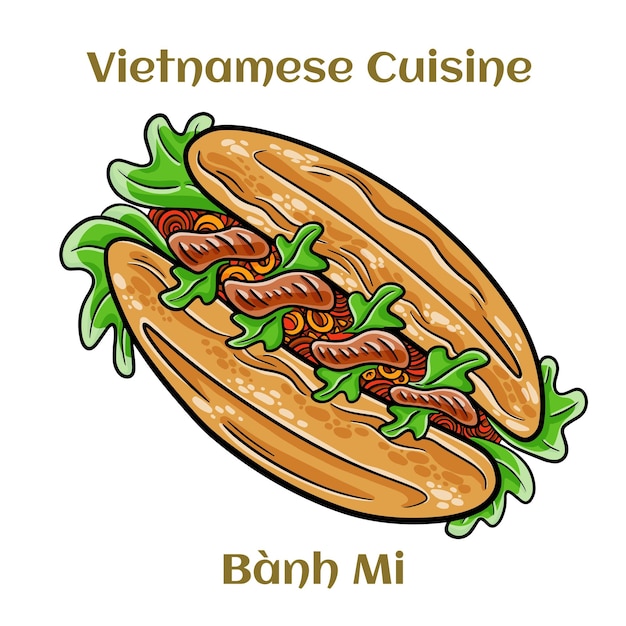 Banh mi Sanduíche clássico com fatias de lombo de porco grelhado, cenoura desfiada e pepino descascado, pimentão jalapeno e coentro, ilustração vetorial isolada