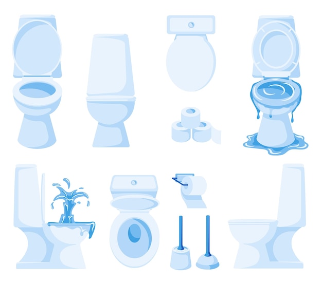 Banheiro branco dos desenhos animados Vaso sanitário de cerâmica em diferentes ângulos papel higiênico e escova Conjunto de ilustração vetorial WC