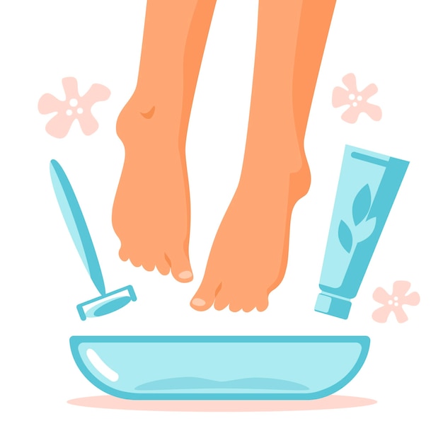 Banho de pés em tigela com flor, creme, ferramenta para remover calosidades em casa. conceito de cuidados de pernas. tratamento de pés e unhas. ilustração em vetor plana. procedimento cosmético para mulheres.