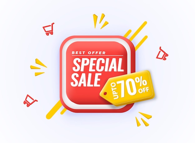 Banner 3D de venda especial para promoção e marketing de desconto Oferta de desconto até 70